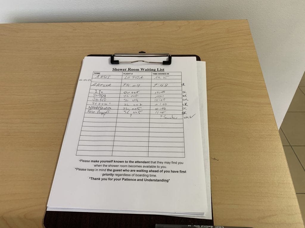 Shower Facility Sign-Up Sheet JFK Senator Lounge Terminal 1