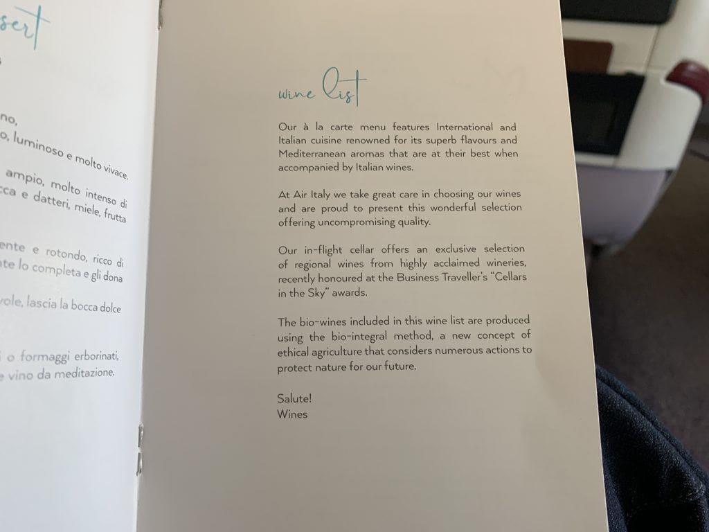 Air Italy Business Class Menu