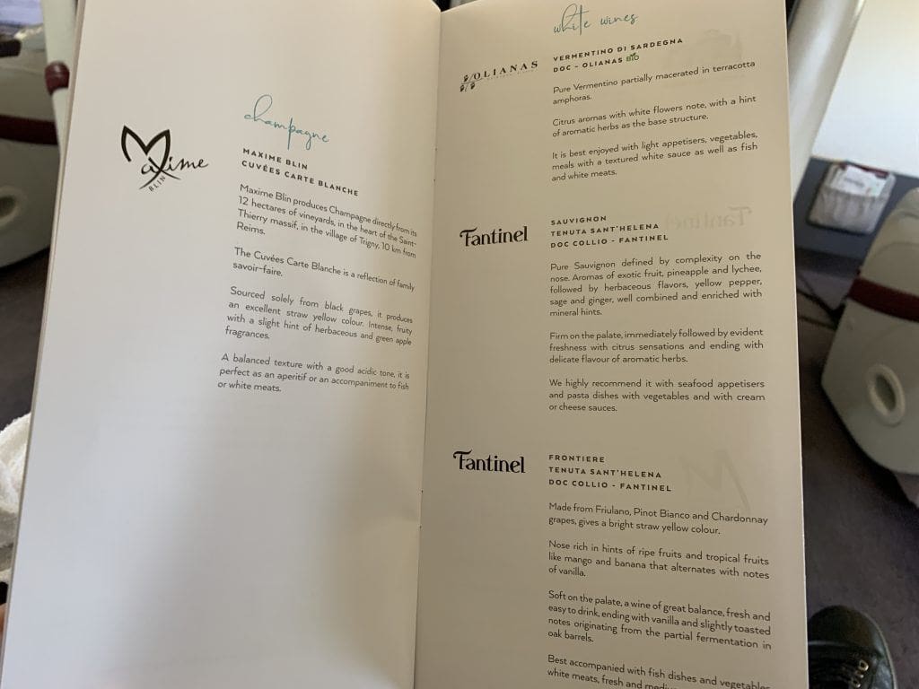 Air Italy Business Class Menu