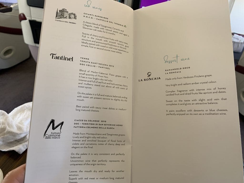 Air Italy Business Class Menu