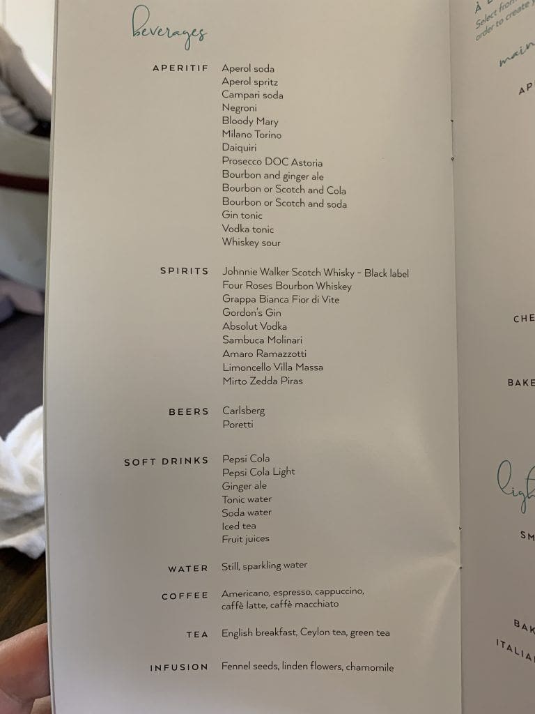 Air Italy Business Class Menu