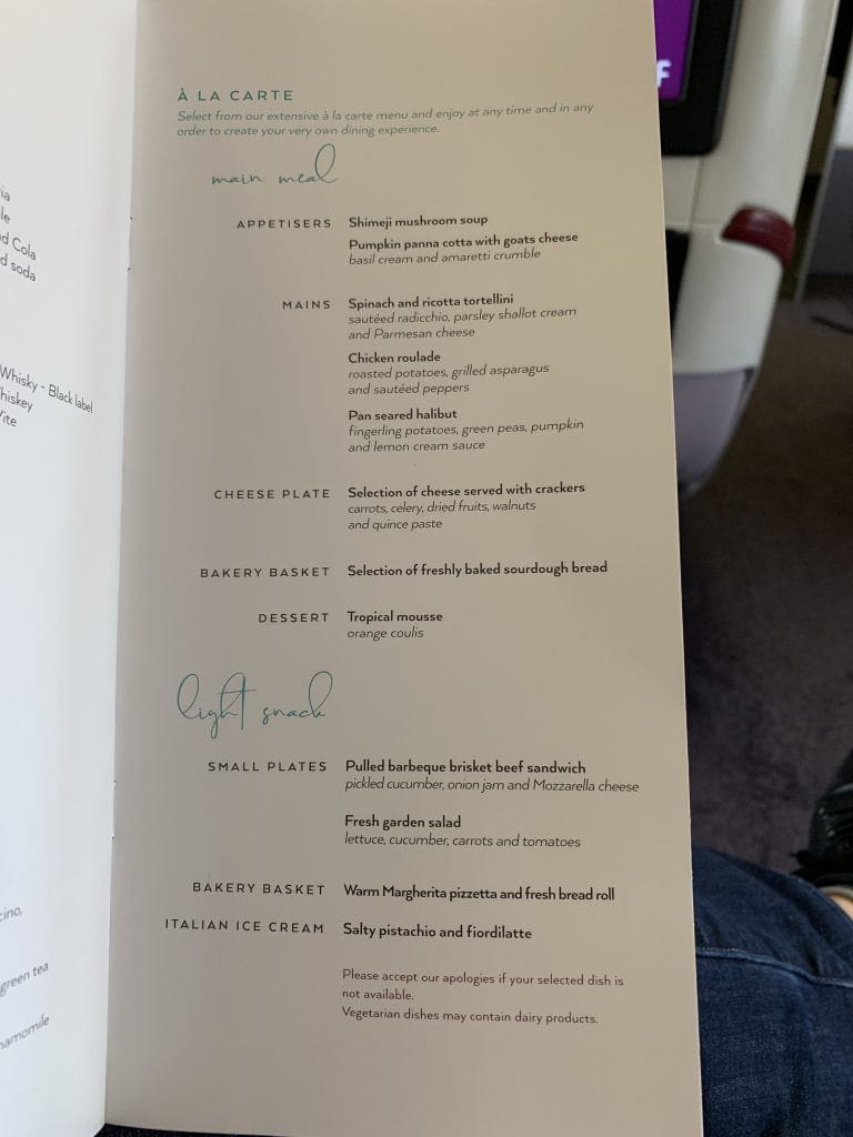 Air Italy Business Class Menu