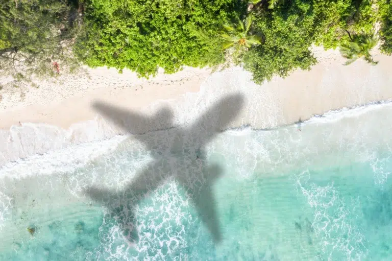 The shadow of an airplane crossing a tropical shoreline, seen from above